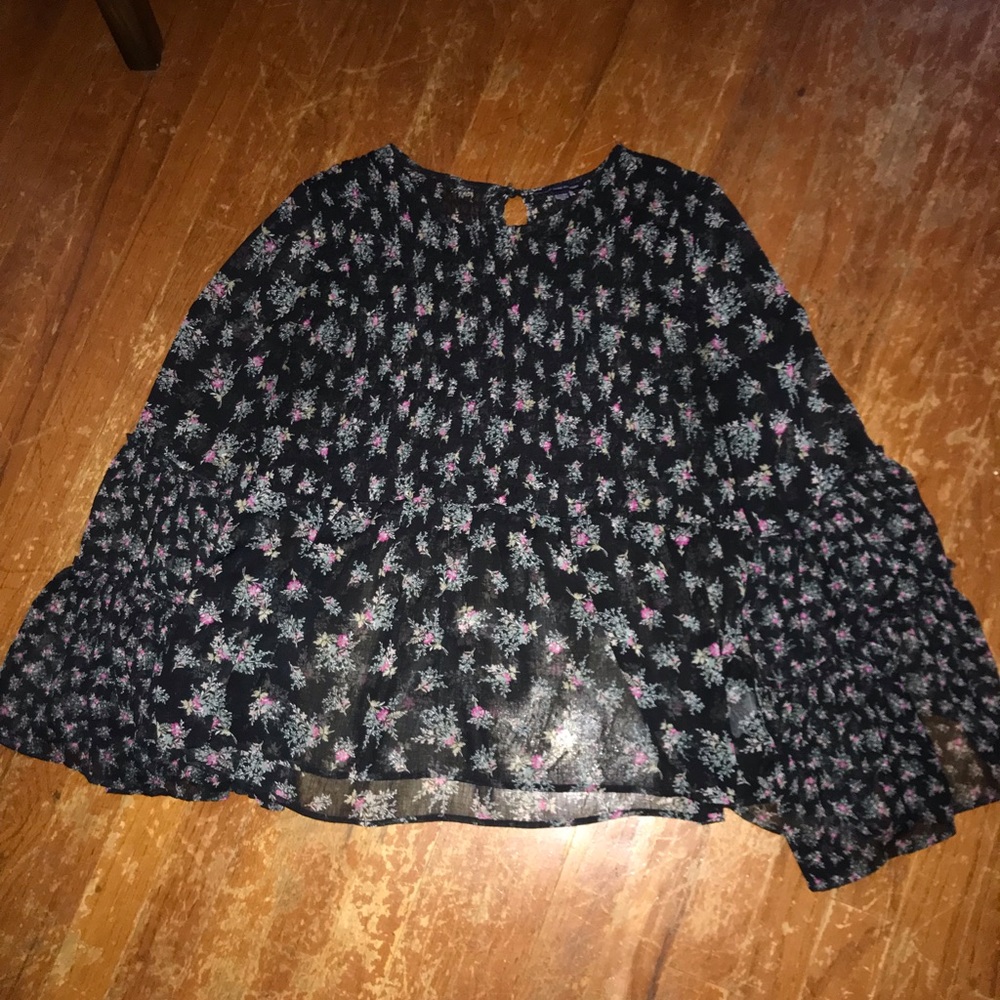 See through, long sleeve, black floral shirt